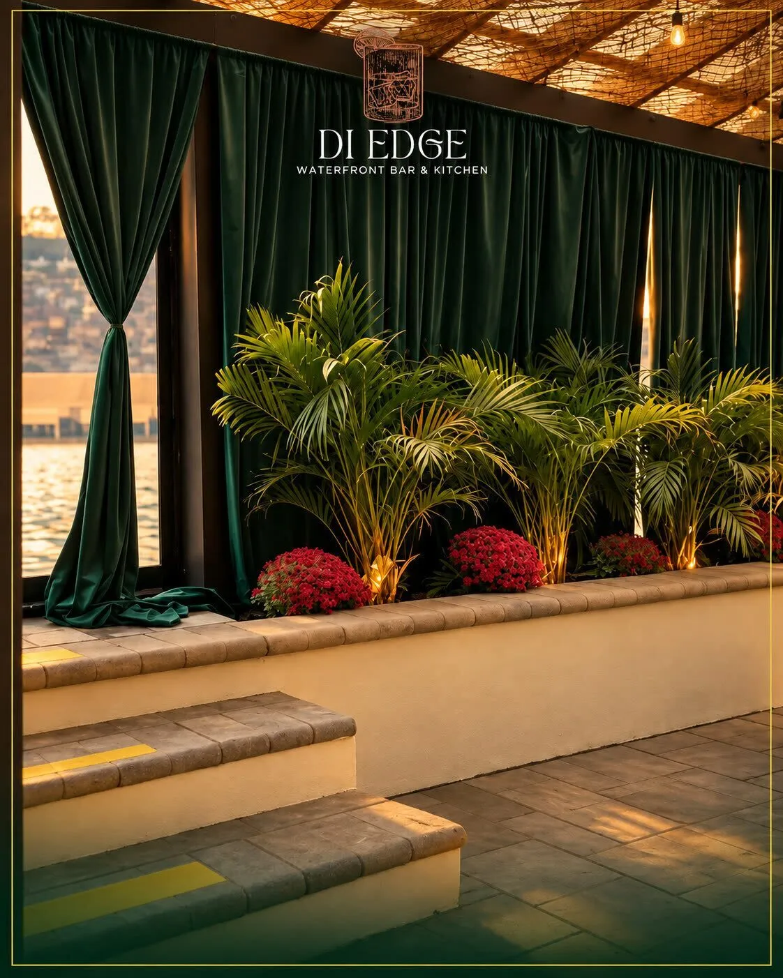 Waterfront dining tables at Di Edge in Freeport